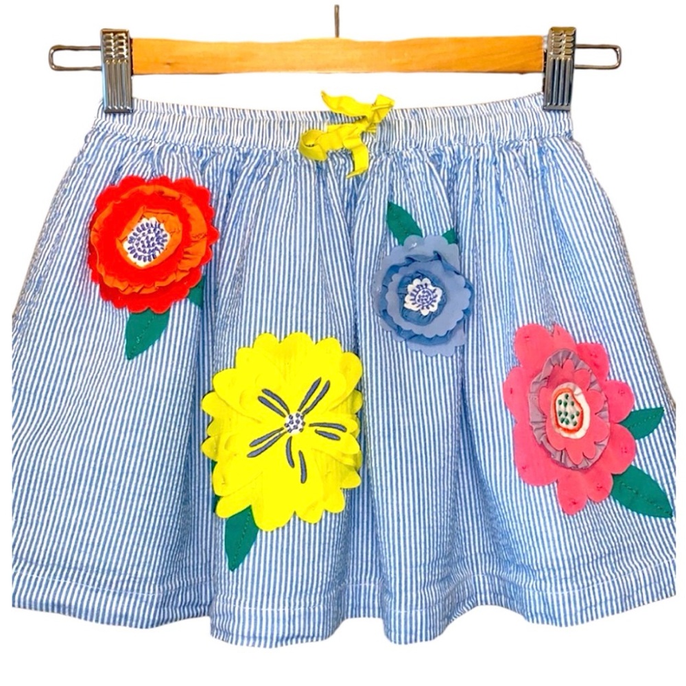 Mini Boden Seersucker Colorful Feminine Floral Appliqué Skirt Toddler Girl 3-4 T